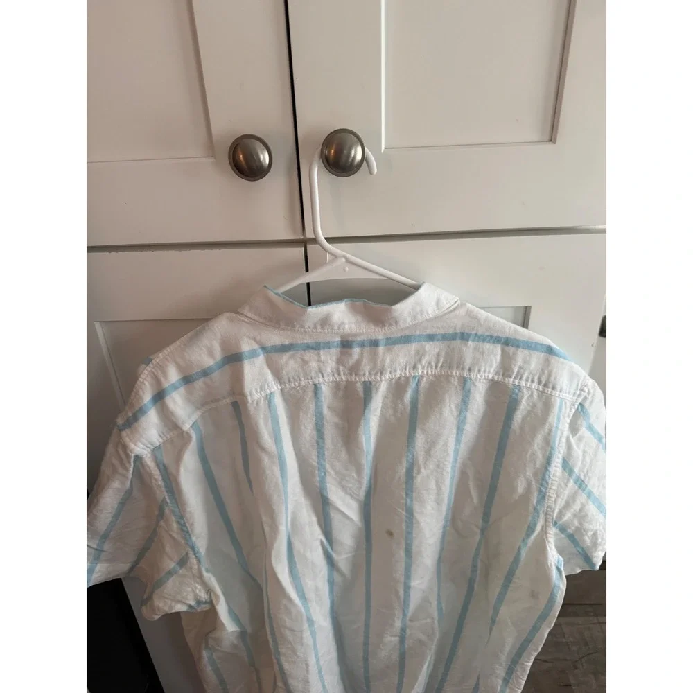 Banana Republic Mens XL Linen Cotton Striped Short Sleeve Button Down Shirt Blue